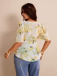 Elaquor Plus Size Elegant Floral Print Tie Front T-Shirt, Summer - Multicolor - View 2