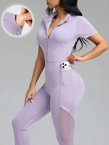Innovista 女士网眼拼接修身连体裤，马术服 - 淡紫色 - 查看 2