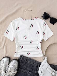 Teen Girl Casual Fitted Round Neck Ruched Short Sleeve T-Shirt, Suitable For Summer - Multicolor - View 2