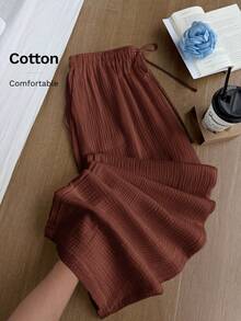 Comfortcana 大码女式纯色棕色褶皱纹理宽松抽绳腰阔腿休闲度假棉质长裤，夏季商务休闲装 - 棕色 - 查看 1