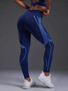 SHEIN 女童運動高腰螺紋無縫黑色修身緊身褲，平滑身線設計，美觀時尚，適合青少年女孩 - 如雲般柔軟如第二層肌膚，四向彈力，適合跑步、騎單車、瑜珈及其他運動與休閒穿著 - 寶藍色 - 查看 2
