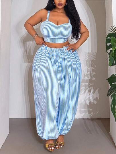 Slaydiva Phong cách mùa hè mới, Tiệc sinh nhật, Đi làm hàng ngày, Cơ bản đa năng, Thường ngày, Kỳ nghỉ, Du lịch biển, Bãi biển, Bên bờ biển, Tắm nắng, Món đồ, Hẹn hò, Mua sắm, Kỳ nghỉ gợi cảm, Kỳ nghỉ trên đảo, Phong cách Bohemian, Trang phục nghỉ hè, Tiệc tùng, Lễ hội âm nhạc, Kỳ nghỉ khách sạn, Đi làm thường ngày, Trang phục học sinh - Bộ 2 món áo crop top không tay kẻ sọc xanh trắng và quần ống rộng cạp chun, cỡ lớn.