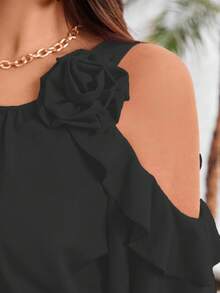 Vionelle Plus Cold Shoulder Ruffle Trim Blouse For Summer For New Year Clothes - Black - View 7