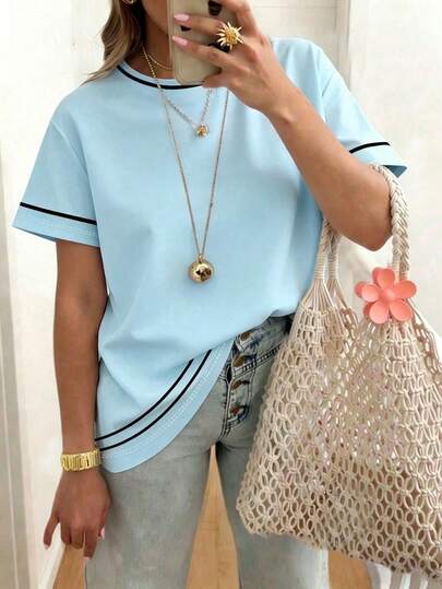 EMERY ROSE This Sweet-Style Striped Print T-Shirt Is Perfect For Everyday Casual Wear And Suitable For Spring, Summer, And Autumn. It's Cute, Stylish, Retro, Comfortable, And Versatile.