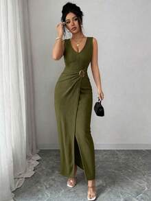 SHEIN Raffinéa Women's Elegant Textured Metal Ring Detail Split Dress, Summer - Army Green - View 4