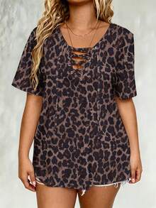 EMERY ROSE Plus Size Leopard Print Drawstring Short Sleeve T-Shirt, Plus Size Tee For Summer - Multicolor - View 3