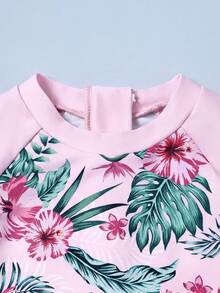 SHEIN Bộ đồ bơi liền thân in họa tiết nhiệt đới cho bé gái, thích hợp cho kỳ nghỉ biển. - Hồng - Xem 4
