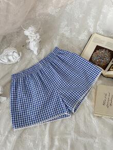 Flirla Red Plaid Fruit Pattern Sweet Patchwork Women Shorts - Blue - View 2
