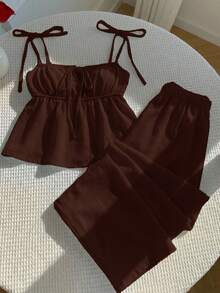 SHEIN EZwear 巧克力棕色梭织女士休闲吊带背心上衣和裤子套装 - 巧克力棕 - 查看 8
