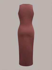 SHEIN EZwear 夏季纯色褶皱腰连衣裙 - 摩卡棕 - 查看 2
