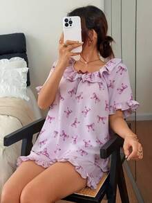 DAZY Women's Summer Butterfly Print Ruffle Trim Loose Short Sleeve Top And Shorts Pajama Set - Purple - View 3