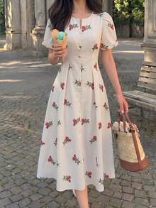 Modelyn Petite Women's Apricot Woven Digital Printed Cinched Waist A-Line Dress, Elegant & Romantic, Summer Dresses Summer Holiday Outfits  Floral Dress - Multicolor - View 3