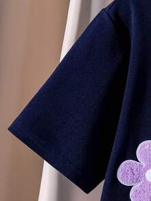 SHEIN 青少年及年轻女孩休闲夏季连衣裙，碎花装饰圆领短袖条纹拼接宽松摆裙，适合日常、度假、派对等场合。 - 藍色 - 查看 7