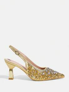 CUCCOO TILAWA Summer Ladies Elegant Luxury Rhinestone Back Empty Shoes Shopping Party Commuter Office Fashion Pointed Golden Heels - Gold - View 12