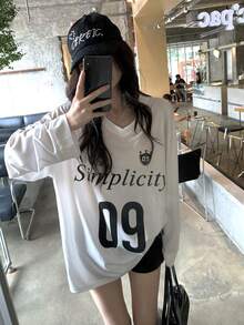DAZY 女款字母數字印花寬鬆休閒短袖運動街頭風T恤，夏季圖案T恤 Y2K 校園風 - 白色 - 查看 5