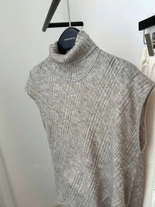 SHEIN Frenchy 女士纯色罗纹立领优雅毛衣背心 - 棕色 - 查看 10