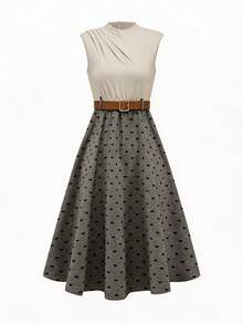 Vestido sin mangas de niña preadolescente con parches de unicolor y estampado - Gris - Ver 5
