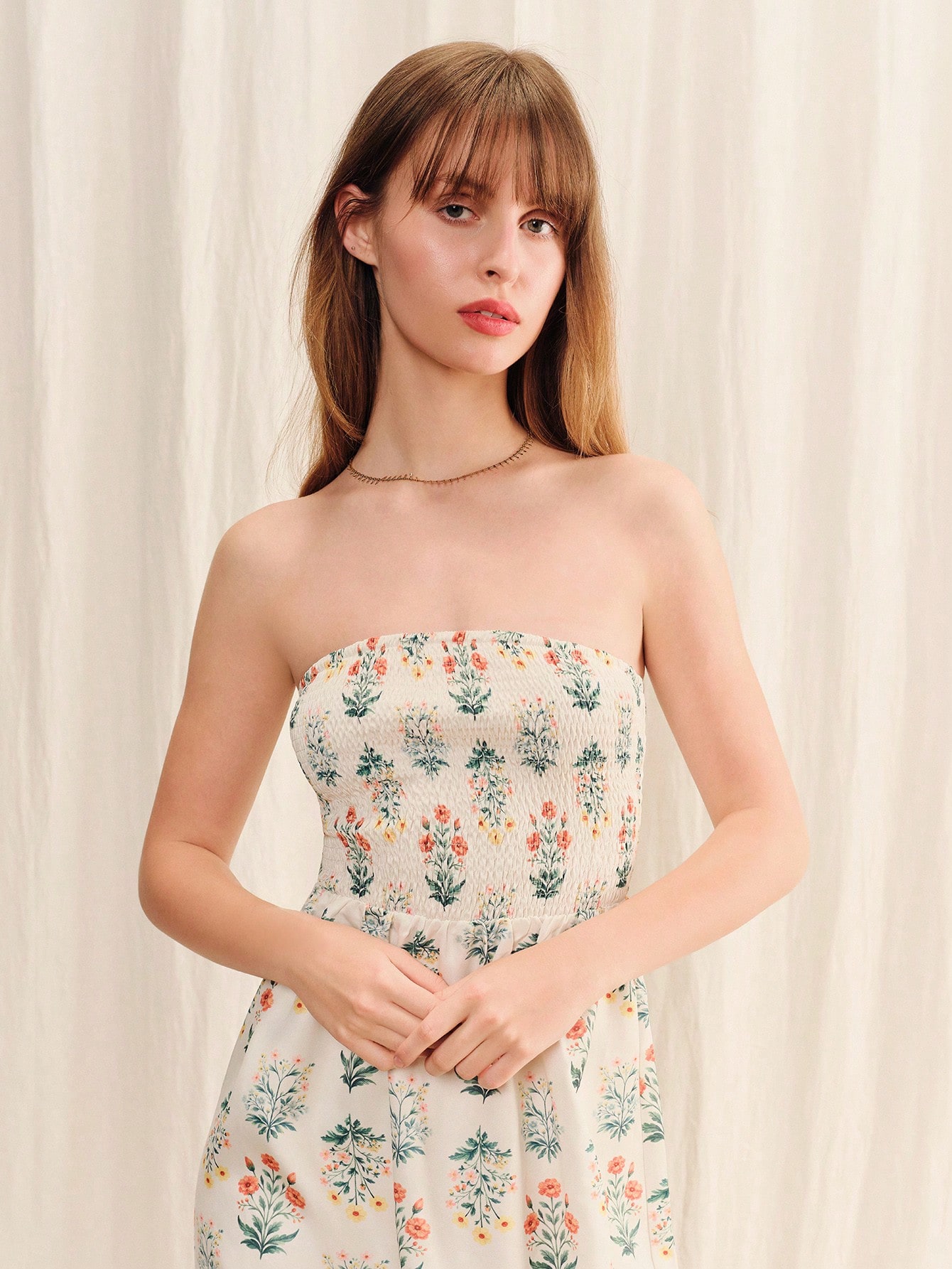 Boho Cream Strapless Floral Print Midi Dress With Shirred Chest Loose Fit Spring Summer Casual Holiday Dress French Style Vacation Dress Going Out Dress