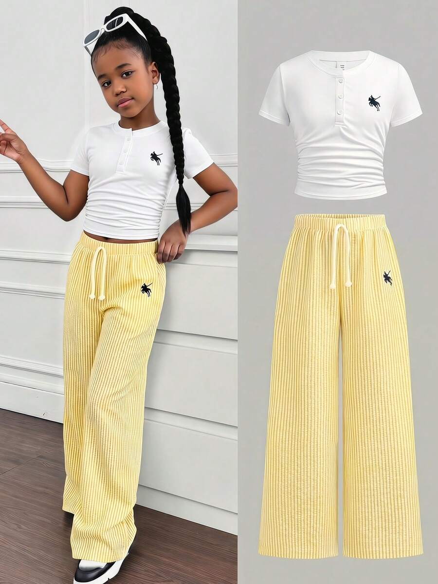 Bộ đồ thường ngày cho bé gái tuổi teen: áo thun trắng cổ tròn ôm sát và quần ống đứng, màu vàng & trắng. - Màu vàng - Xem 1