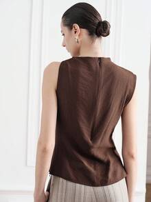 Aveloria Modichic Women's Asymmetrical Neckline T-Shirt,Brown And Gold Metal Ring Ruched Blouse,Slim Fit Worsted Knit Elegent Old Money Style,Summer Dinner Date Top - Brown - View 3
