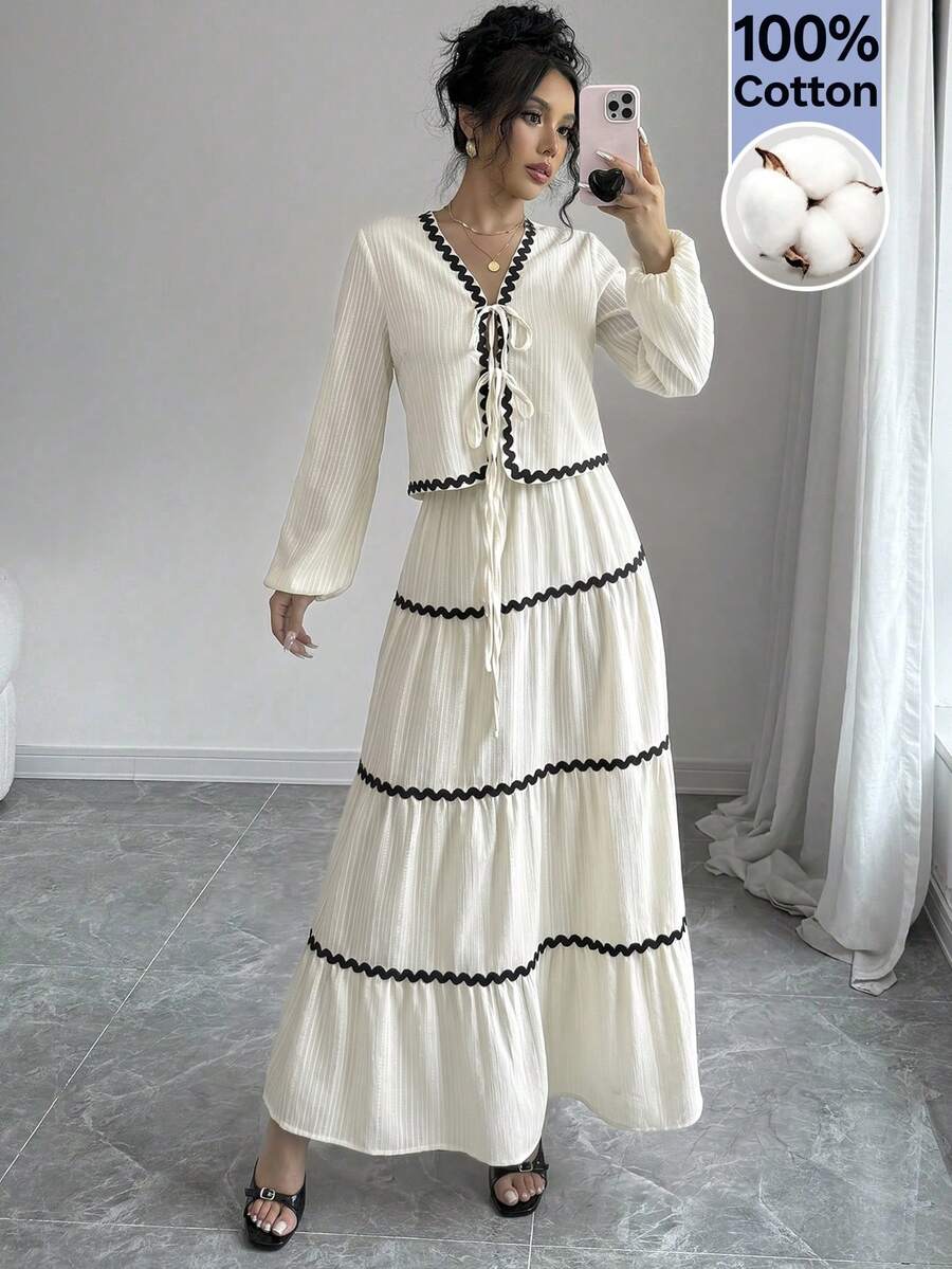 Rafferiza Bộ đồ 2 món kiểu Pháp thanh lịch: Áo kiểu tay phồng, viền bèo nhún, thắt nơ và chân váy. - trắng - Xem 1