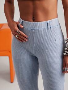NYA SZN Quần skinny dệt kim gân màu trơn dáng casual dành cho nữ, thích hợp cho công sở và đi làm. - Màu xanh lam - Xem 4