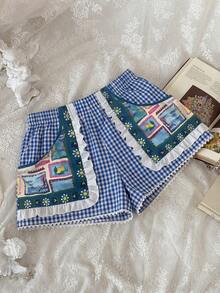Flirla Red Plaid Fruit Pattern Sweet Patchwork Women Shorts - Blue - View 8