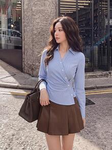 SHEIN MOD Áo sơ mi nữ dài tay cổ bẻ kẻ sọc xanh trắng, thích hợp mặc công sở, thường ngày, phong cách thập niên 90, mùa thu, đi học, đi chơi, ngày lễ tình nhân. - Xanh và trắng - Xem 2