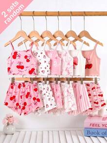 [Ngẫu nhiên 2 bộ] Bộ đồ ngủ bé gái, tông màu hồng và trắng ngọt ngào, họa tiết hoa anh đào, nơ, trái tim, sọc, vải dệt kim mềm mại, viền bèo nhún, 4 món đồ mặc nhà mùa hè, dễ thương và dễ mặc. - Nhiều màu - Xem 1