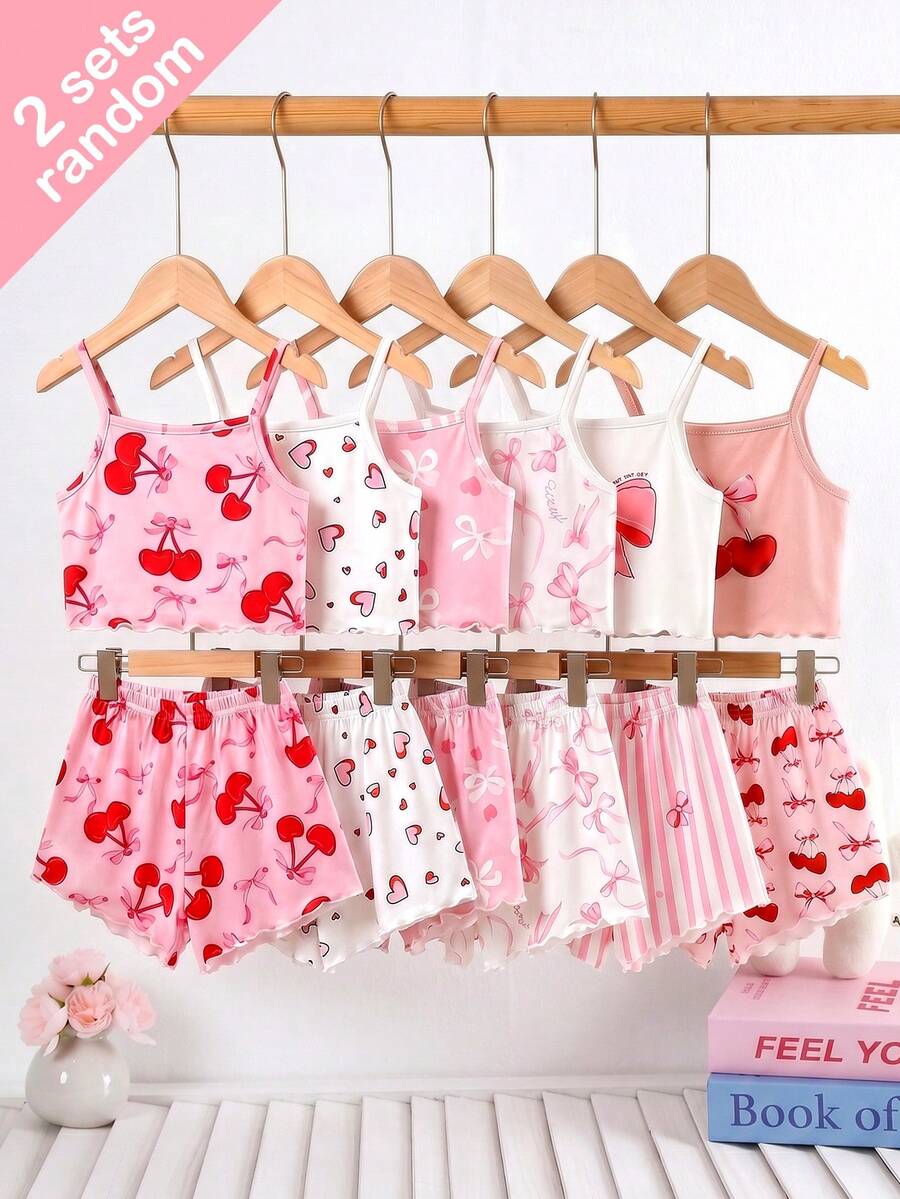 [Ngẫu nhiên 2 bộ] Bộ đồ ngủ bé gái, tông màu hồng và trắng ngọt ngào, họa tiết hoa anh đào, nơ, trái tim, sọc, vải dệt kim mềm mại, viền bèo nhún, 4 món đồ mặc nhà mùa hè, dễ thương và dễ mặc. - Nhiều màu - Xem 1