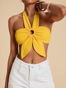 Travachic Women's Fashion Versatile Pleated Circular Hollow Halter Neck Tie Blouse,Summer Top - Yellow - View 5