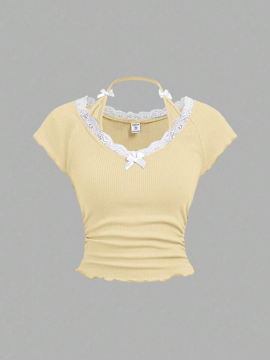 SHEIN Girlism Tween女孩休閒居家蕾絲飾邊掛脖V領蝴蝶結裝飾修身舒適彈性羅紋短袖針織純色T恤上衣 藍色 KIDS - 黃色 - 查看 1