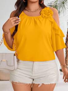Vionelle Plus Cold Shoulder Ruffle Trim Blouse For Summer For New Year Clothes - Yellow - View 3