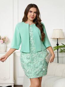 SHEIN Clasi 大码女式优雅刺绣亮片连衣裙和长袖开衫两件套 - 綠色 - 查看 8