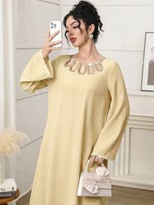 Yasmyna 女士纯色仿珍珠优雅长袖土耳其长裙 - 黃色 - 查看 6