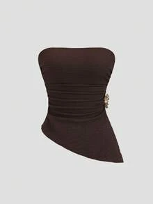 Sweetra Top corto sexy de mujer con detalle fruncido y abertura - Marrón - Ver 3