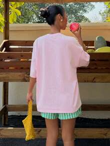 Muchica Áo thun cotton màu hồng dáng rộng cổ tròn, phong cách tối giản thường ngày, kiểu dáng thể thao, in chữ hoa nhiệt đới, tay ngắn, dáng rộng cho nữ, đa năng cho mùa xuân/hè. - Màu Hồng baby - Xem 4