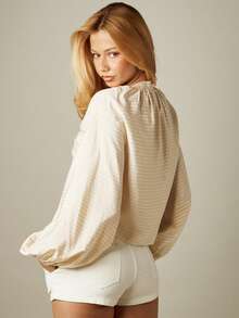 MISSGUIDED Striped Ruched Deep V-Neck Blouse With Balloon Sleeves And Gathered Front Detail - Khaki - View 2
