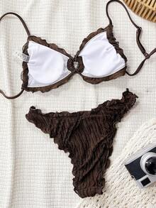 Swim Vcay Solid Color Jacquard Fabric Cute Frill Trim Tie Strap Casual Beach Bikini Set For Women - Coffee Brown - View 5