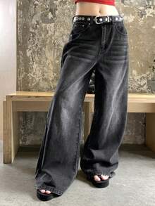 Dazy-Less Quần jeans nữ ống rộng, in họa tiết ngôi sao, túi xéo, kiểu dáng thường ngày. - màu đen - Xem 6