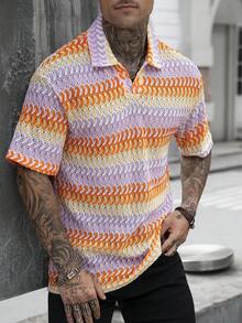 Manfinity Homme 男士夏季休闲度假风V领短袖透气网眼上衣 - 彩色 - 查看 6