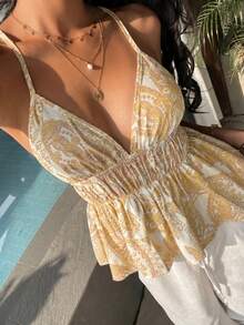 Flirla Atasan Camisole Wanita Kasual Liburan Musim Panas Motif Bohemian Tanpa Punggung dengan Hem Berumbai - Kuning - View 1
