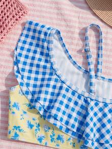SHEIN Young Girl Cute Cartoon Floral Print Ruffled Sleeve One-Piece Swimsuit, Spring/Summer - Multicolor - View 5