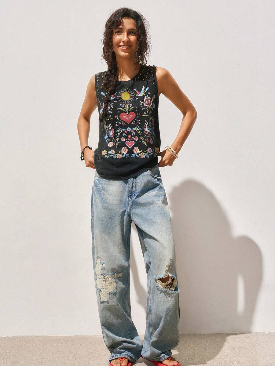 SoleilVie 女士印花短袖圆领黑色丁腈背心,适合情人节、节日、音乐节、夏季穿着、嘉年华服装、春夏季节穿着。 - 黑色 - 查看 1