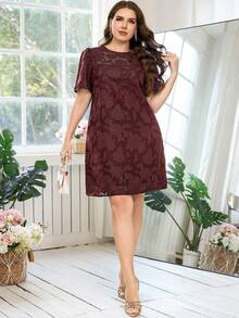Reflora Plus Size Women Cutout Round Neck Puff Sleeve Loose Fit Dress - Burgundy - View 5
