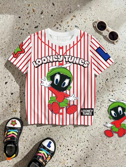 LOONEY TUNES X SHEIN GraphicGems 1件男婴休闲可爱卡通火星人马文印花条纹花卉图案圆领短袖T恤，夏季新款SS26时尚夏季服装
