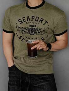 DAZY Kaos Pria Musim Panas dengan Kerah Warna Kontras, Leher Bulat, dan Cetakan Huruf, Potongan Slim Fit. - Grey - View 3