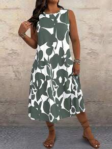 EMERY ROSE Plus Size Women Vacation Floral Print Contrast Color Sleeveless Dress, Beach - Green - View 3