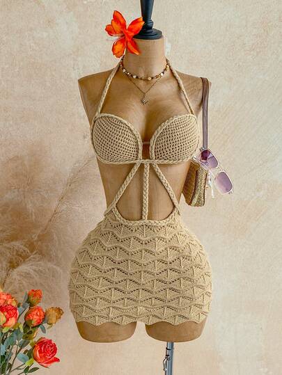 Soleia Women's Sexy Vacation Khaki Openwork Decorative Crochet Knit Mini Dress, Suitable For Beach, Cruise, Road Trip, Holiday, Date, Afternoon Tea, Vacation, Music Festival, Brunch, Bohemian, Beach Resort, Island Resort, Beach, Summer, Music Festival, Commute, Wedding Season, Party, Carnival