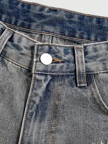 ROMWE Grunge Punk Women's Loose Casual Distressed Denim Shorts With Pockets - Blue - View 3